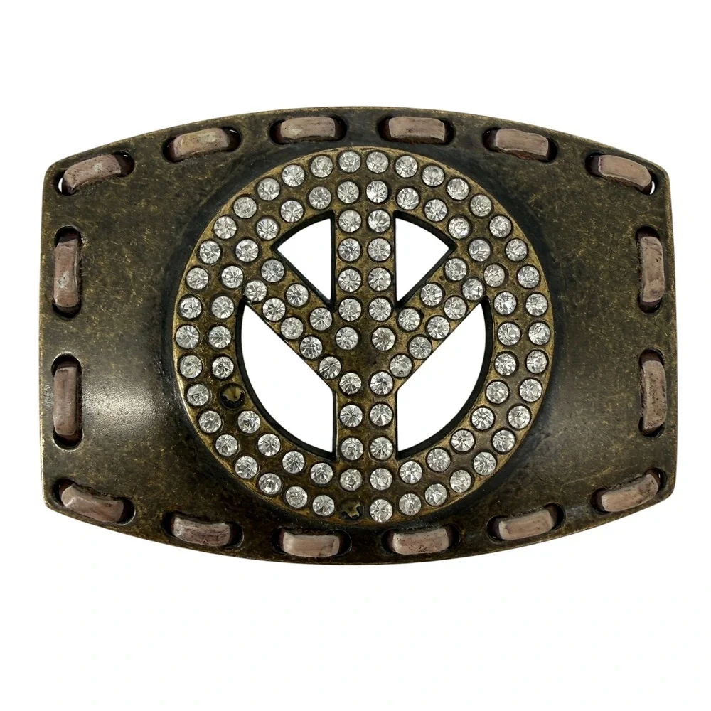 Ariat Brown Tooled Leather Peace Sign Rhinestone Buckle Belt women size 28